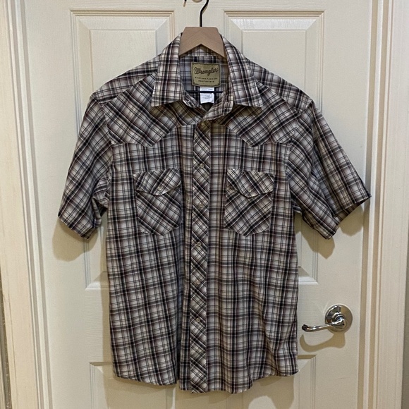 Wrangler Other - Wrangler Western Fashion Vintage Mens LG Brown White Plaid Pearl Snap S/S Shirt